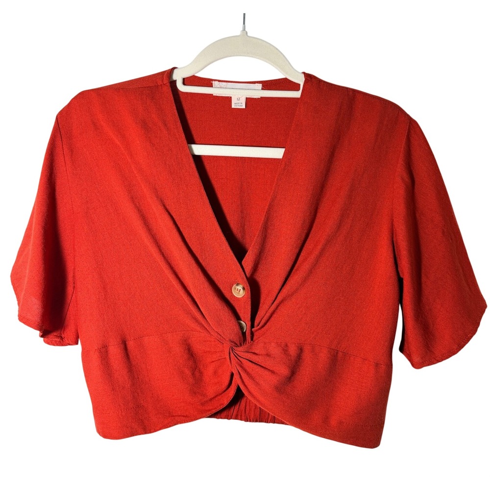 Timing Rust Red Twist Front Crop Top Medium V-Neck Linen Blend Short Sleeve